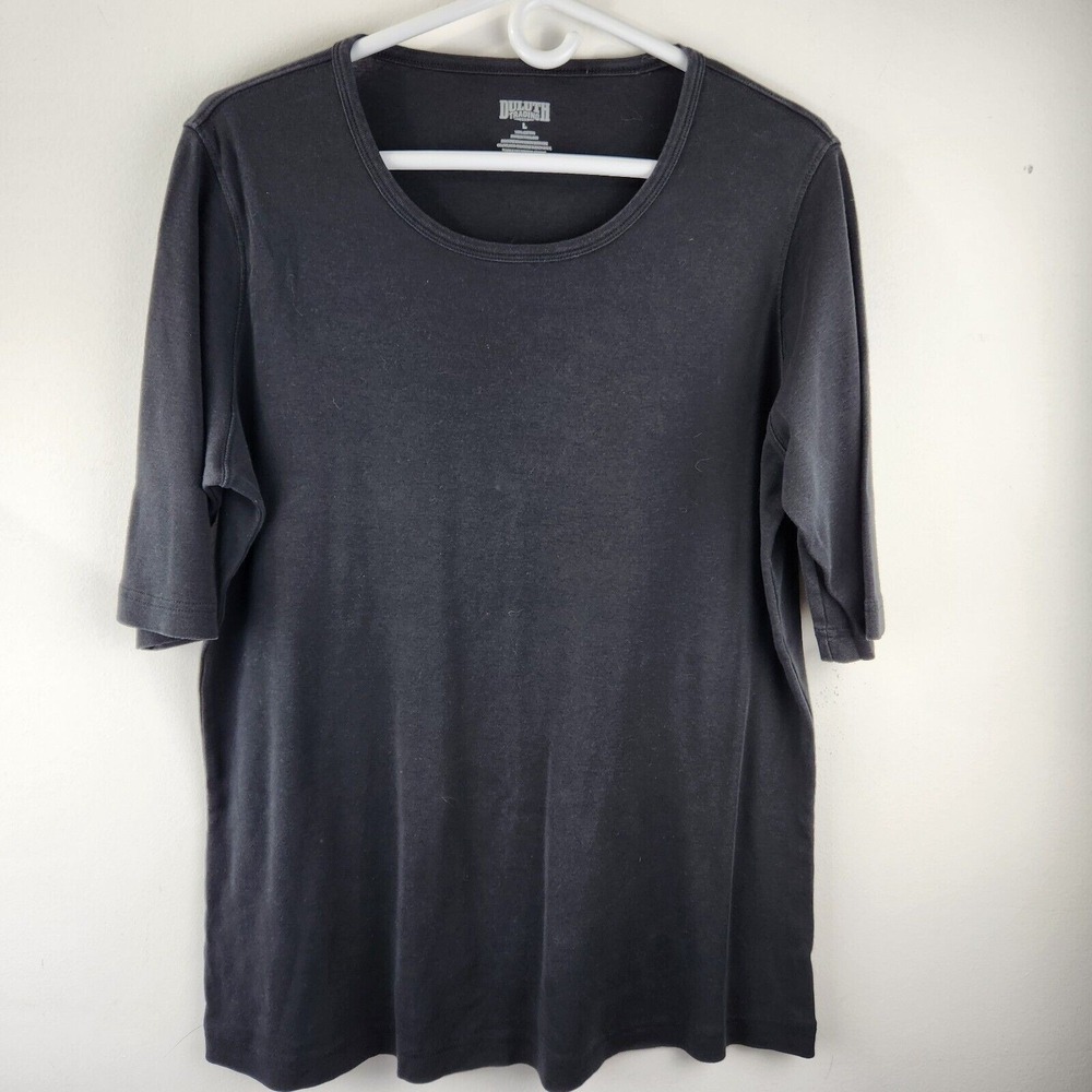 Duluth Trading Co T-Shirt Womens Large Black Scoop Neck Elbow Sleeve Cotton Tee